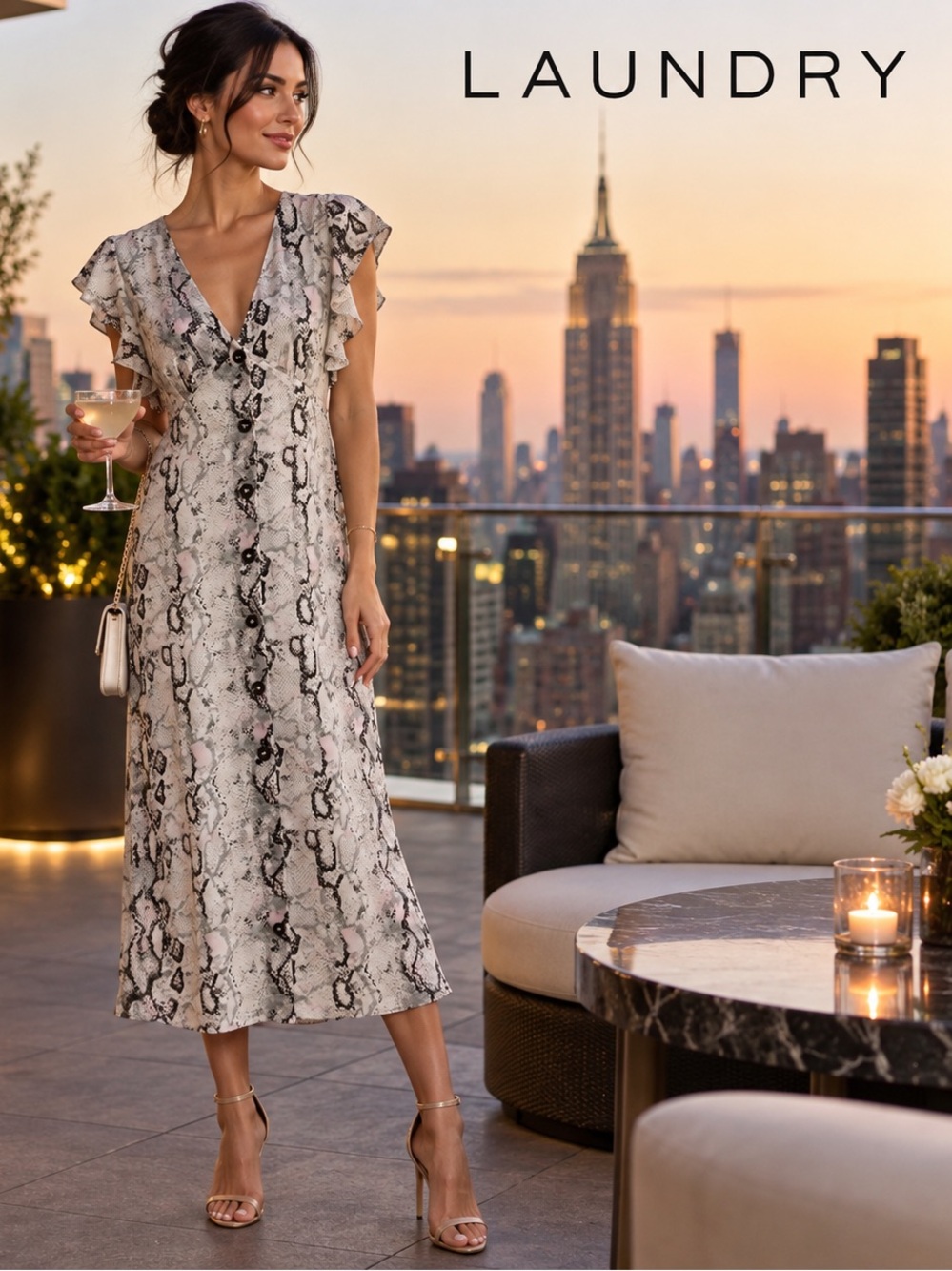 🌸Laundry By Shelli Segal Neutral Snake-Print V-Neck Midi Dress size M Cocktail